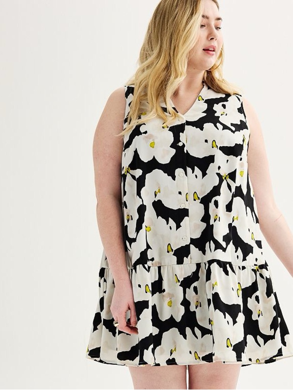 Nine West Button Front Ruffle Hem Dress in a black floral print